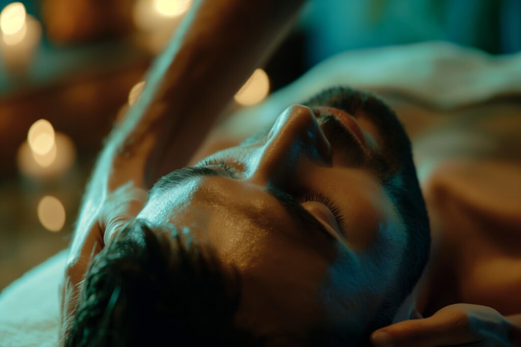 Un hombre disfruta de un masaje relajante en un ambiente cálido y tranquilo de spa, con velas encendidas que refuerzan la sensación de calma y bienestar.